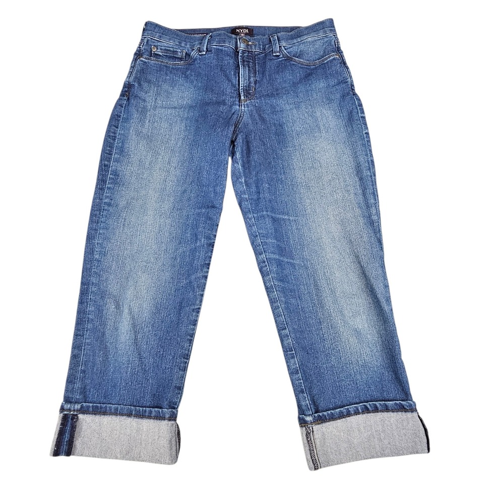 NYDJ Sz 10 Dayla Wide Cuff Capri Blue Denim Jeans Medium Wash Lift Tuck